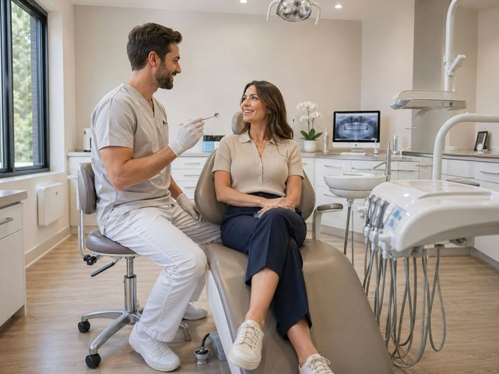 Dentist talking with a patient in a modern dental clinic